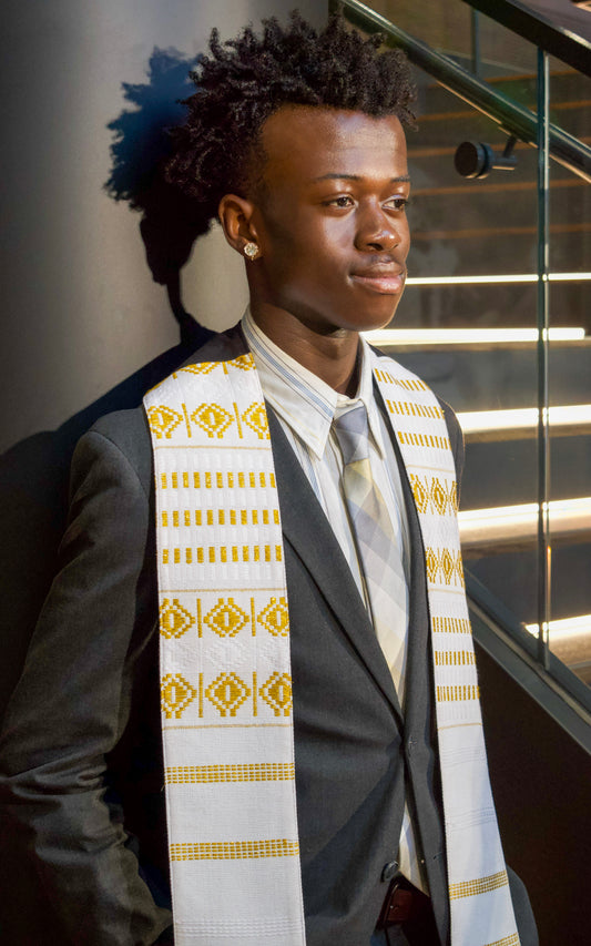 Royal Collection African Kente Graduation Sash - White and Gold Pattern