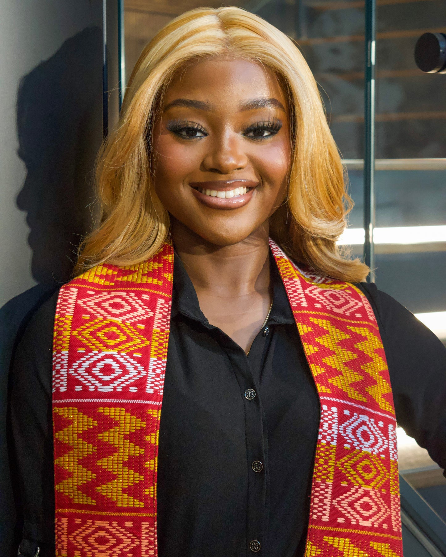 Royal Collection African Kente Graduation Sash - Red, Gold, and White Pattern