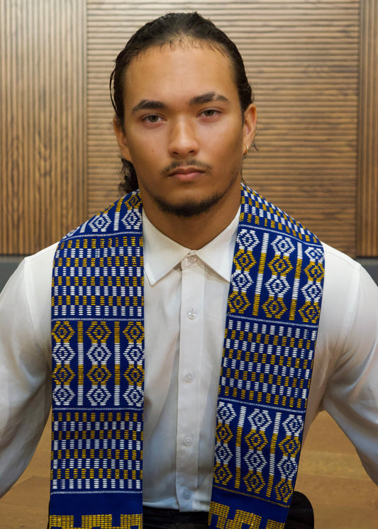 Royal Collection African Kente Graduation Sash - Blue, Gold, and White Pattern