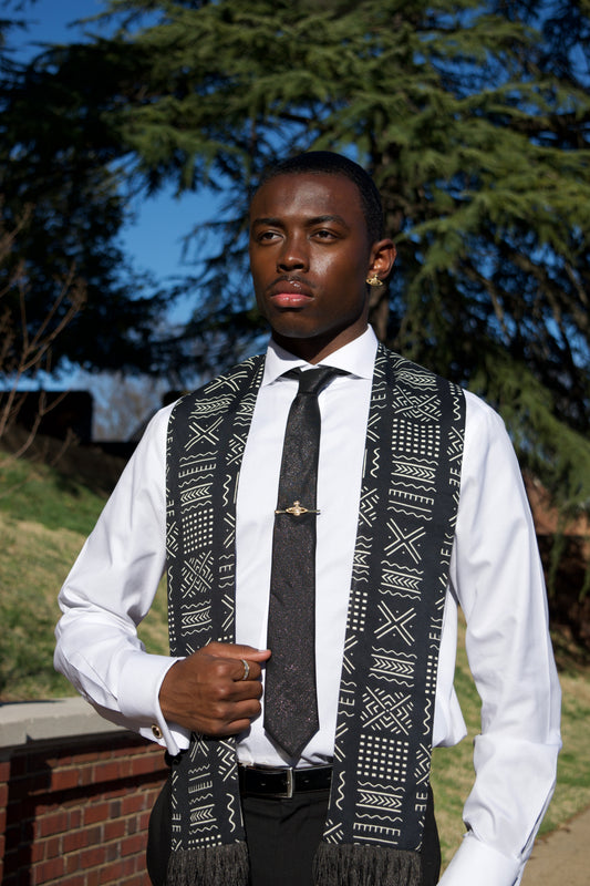 Heritage Collection African Print Graduation Sash - Black and White w/ Xs Print