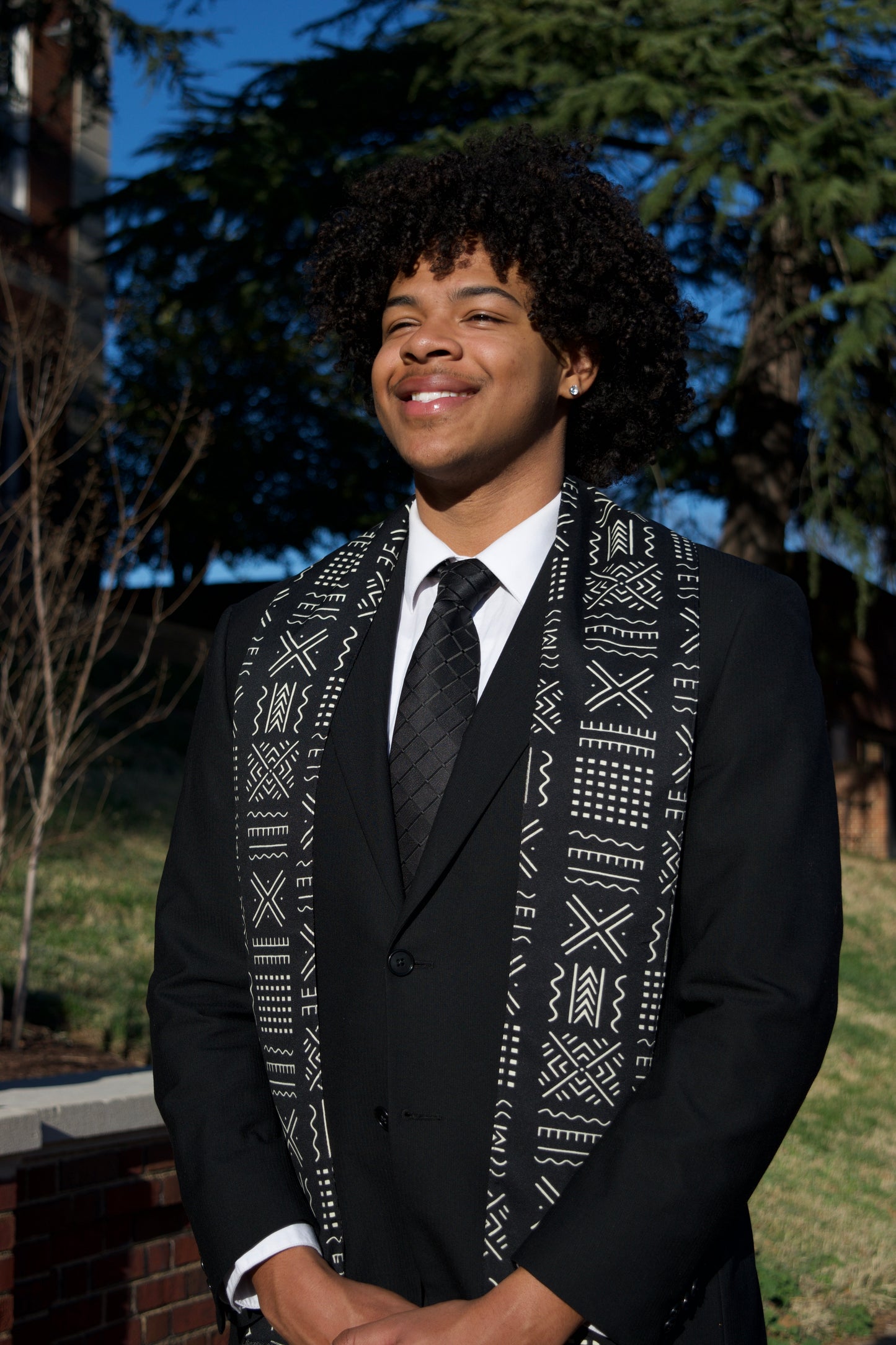 Heritage Collection African Print Graduation Sash - Black and White w/ Xs Print