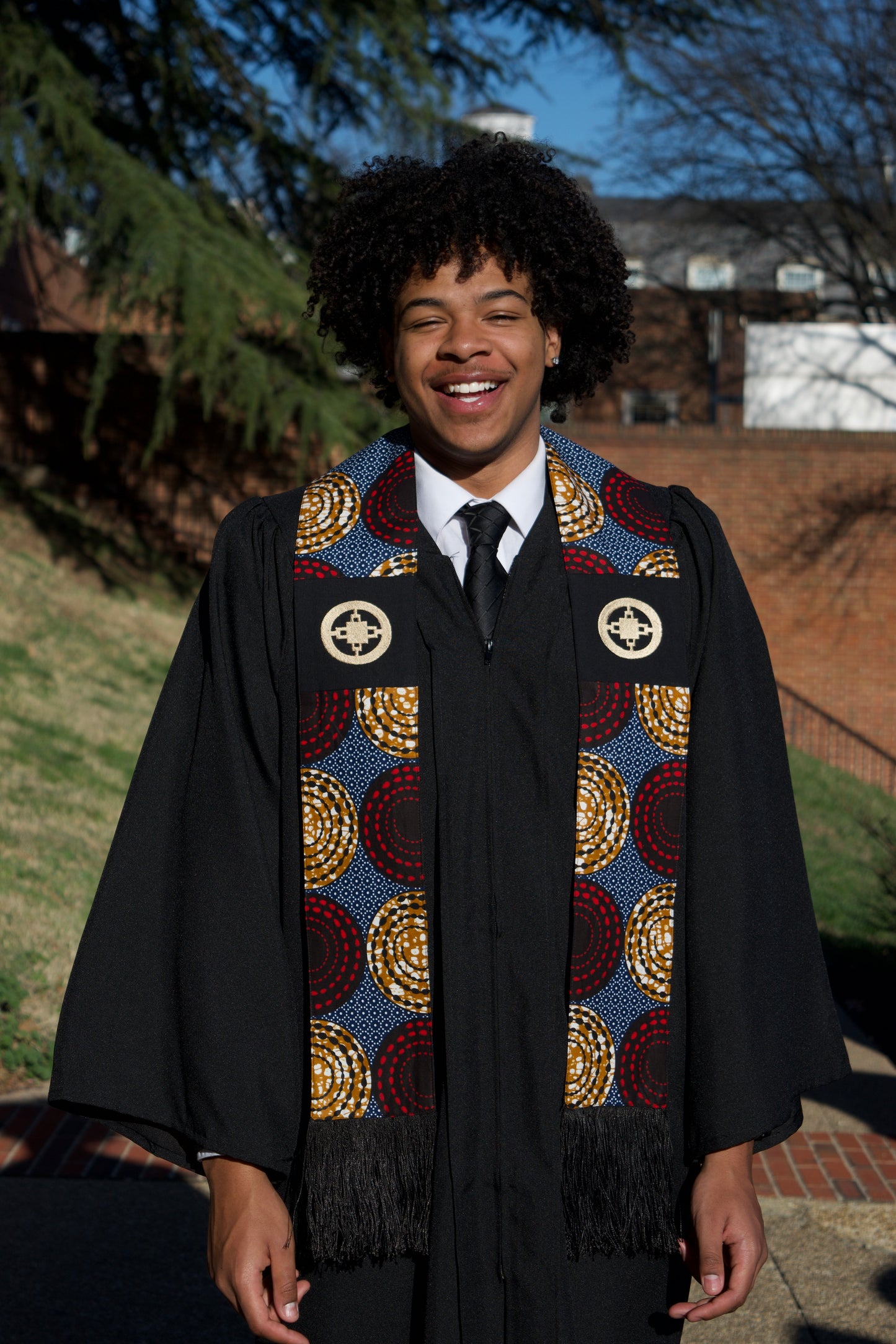 Honors Collection African Print Graduation Sash w/ Adinkra Embroidery - DAME DAME (Intelligence, Ingenuity)