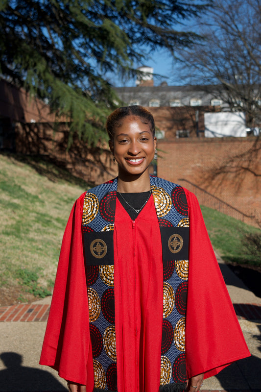 Honors Collection African Print Graduation Sash w/ Adinkra Embroidery - DAME DAME (Intelligence, Ingenuity)