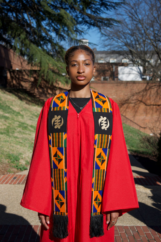 Honors Collection African Print Graduation Sash w/ Adinkra Embroidery - GYE NYAME (Supremacy of God)