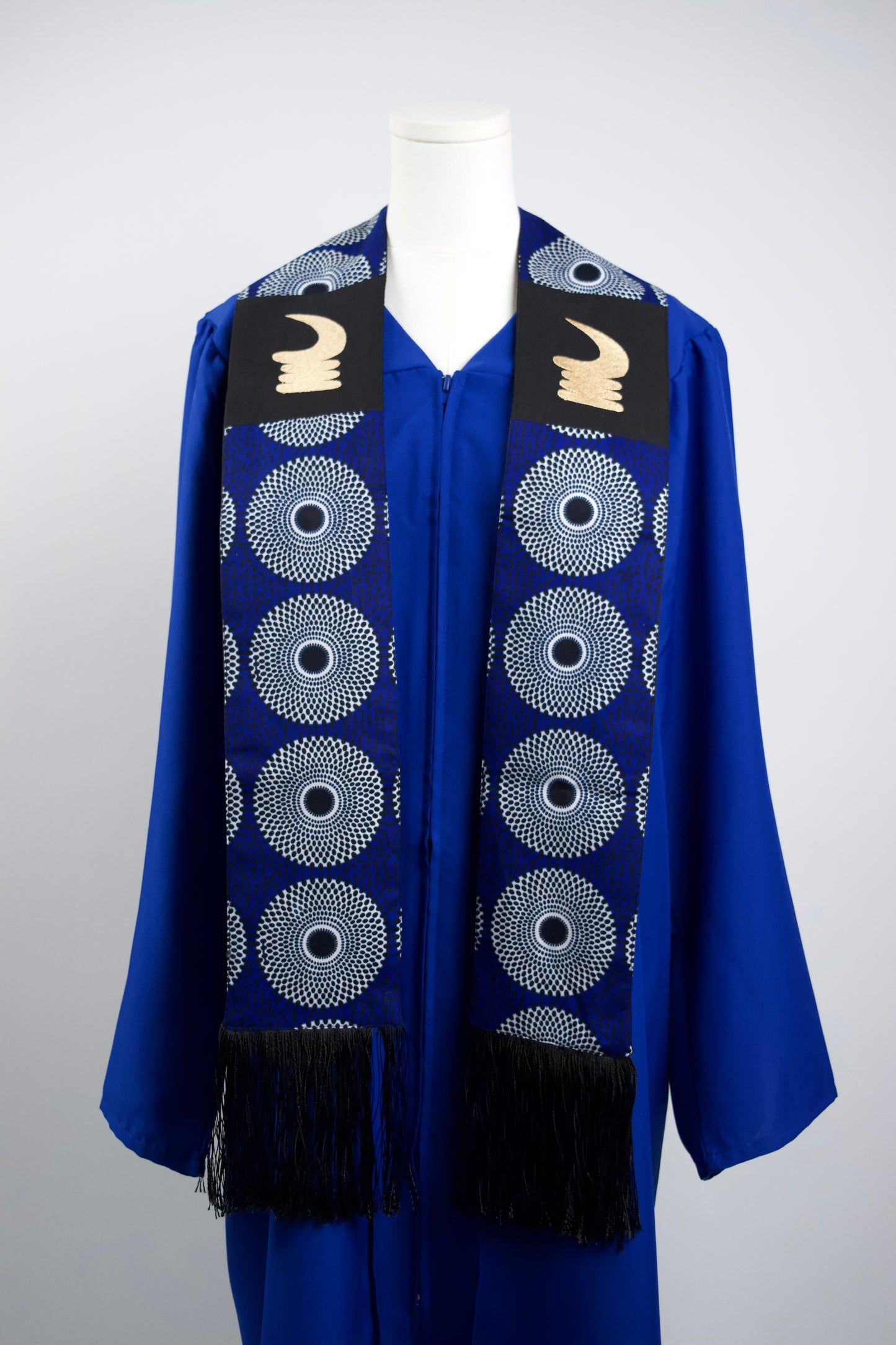 Honors Collection African Print Graduation Sash w/ Adinkra Embroidery - AKOBEN (Vigilance, Wariness)