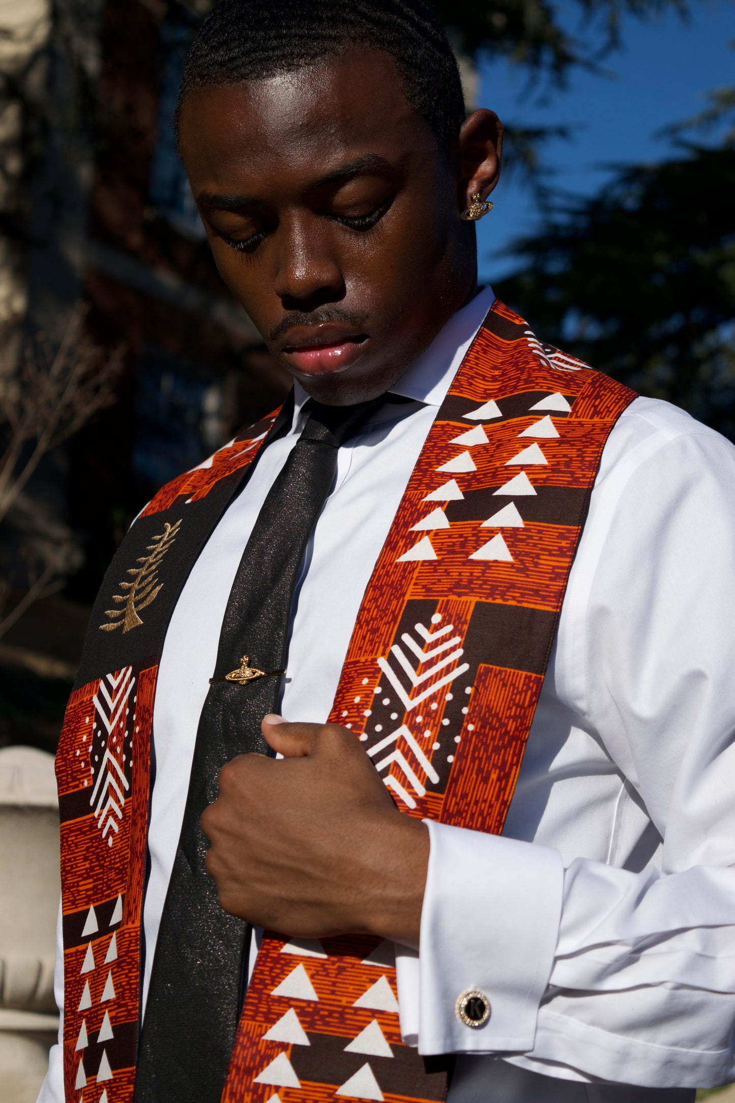 Honors Collection African Print Graduation Sash w/ Adinkra Embroidery - NYAME NTI (Faith & Trust in God)
