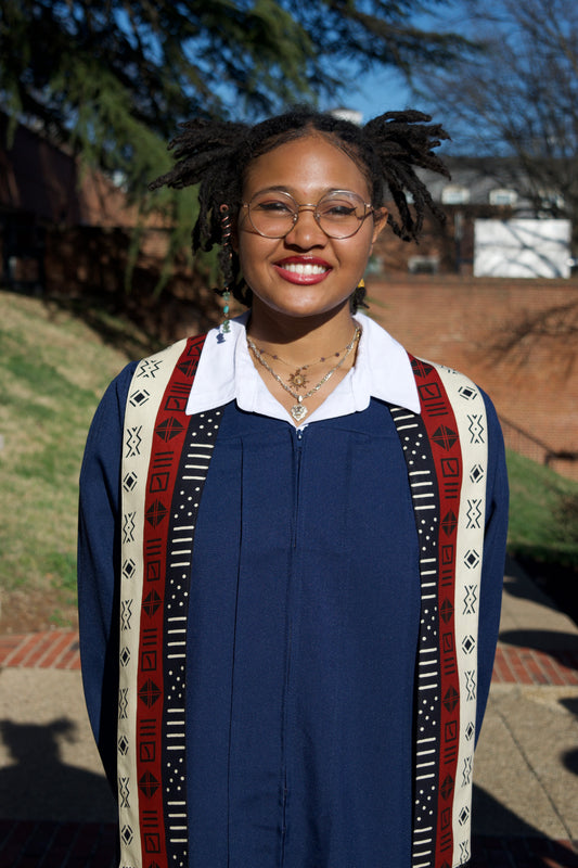 Heritage Collection African Print Graduation Sash - Tricolor Navy, Cream and Red Print