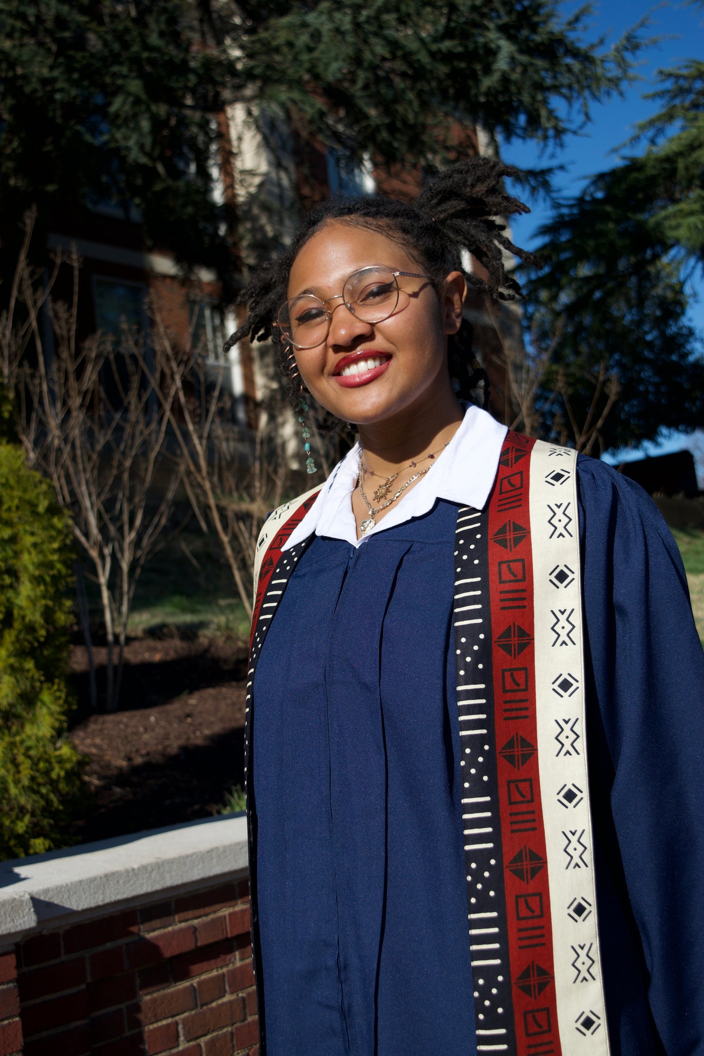 Heritage Collection African Print Graduation Sash - Tricolor Navy, Cream and Red Print