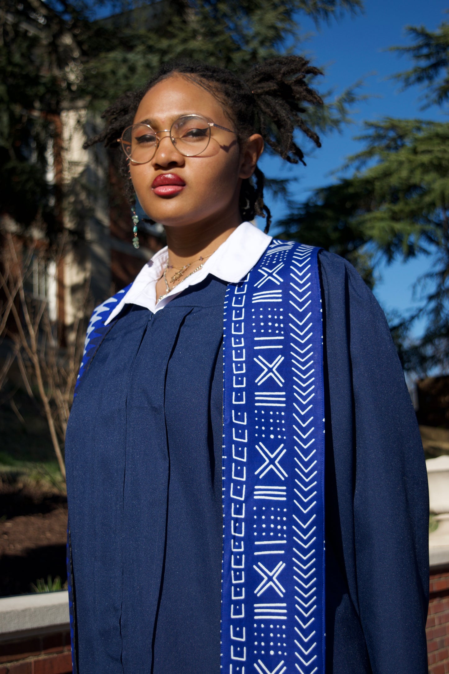 Heritage Collection African Print Graduation Sash - Two Pattern Blue and White Print