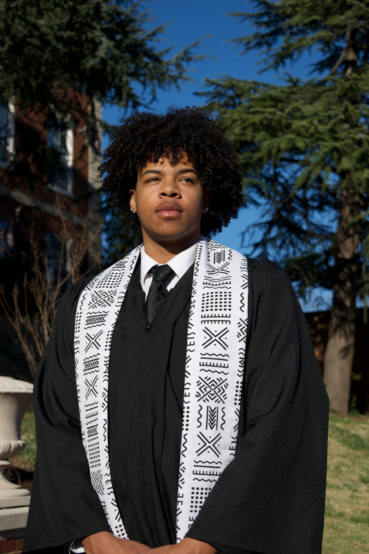 Heritage Collection African Print Graduation Sash - White and Black w/ Xs Print