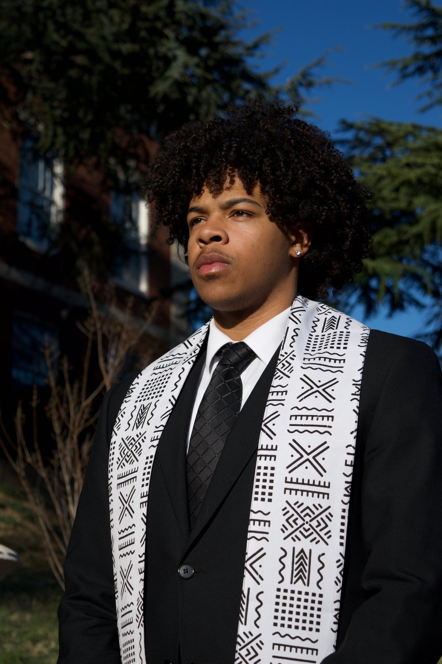 Heritage Collection African Print Graduation Sash - White and Black w/ Xs Print