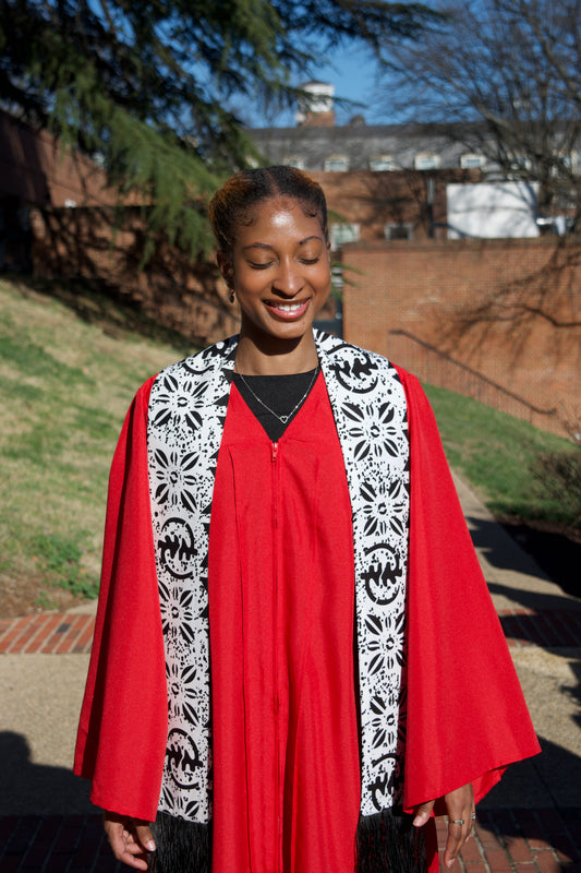 Heritage Collection African Print Graduation Sash - White and Black w/ Adinkra Embed Print
