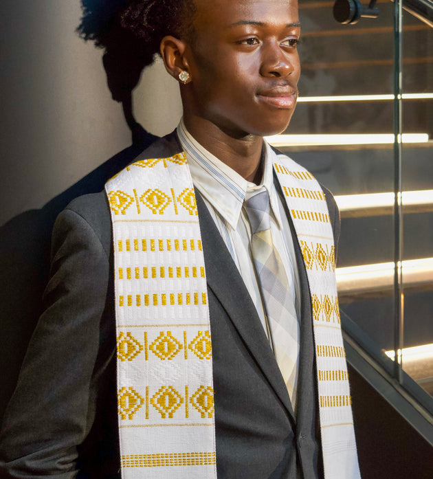 Royal Collection African Kente Graduation Sash - White and Gold Pattern