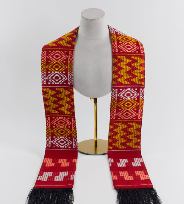 Royal Collection African Kente Graduation Sash - Red, Gold, and White Pattern