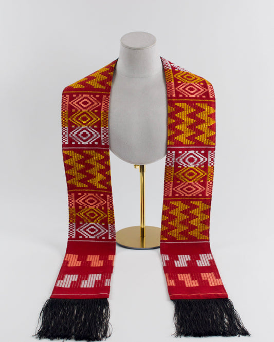Royal Collection African Kente Graduation Sash - Red, Gold, and White Pattern