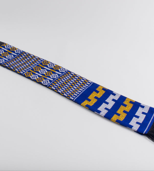 Royal Collection African Kente Graduation Sash - Blue, Gold, and White Pattern