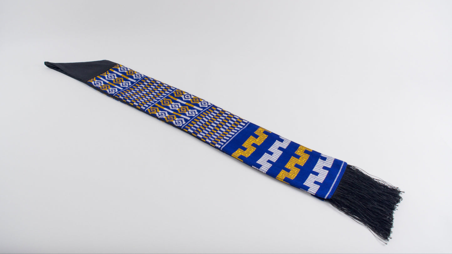 Royal Collection African Kente Graduation Sash - Blue, Gold, and White Pattern