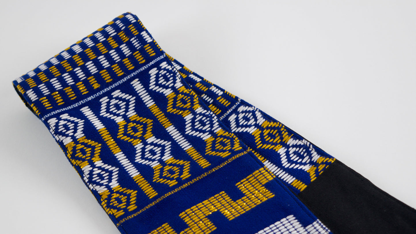 Royal Collection African Kente Graduation Sash - Blue, Gold, and White Pattern
