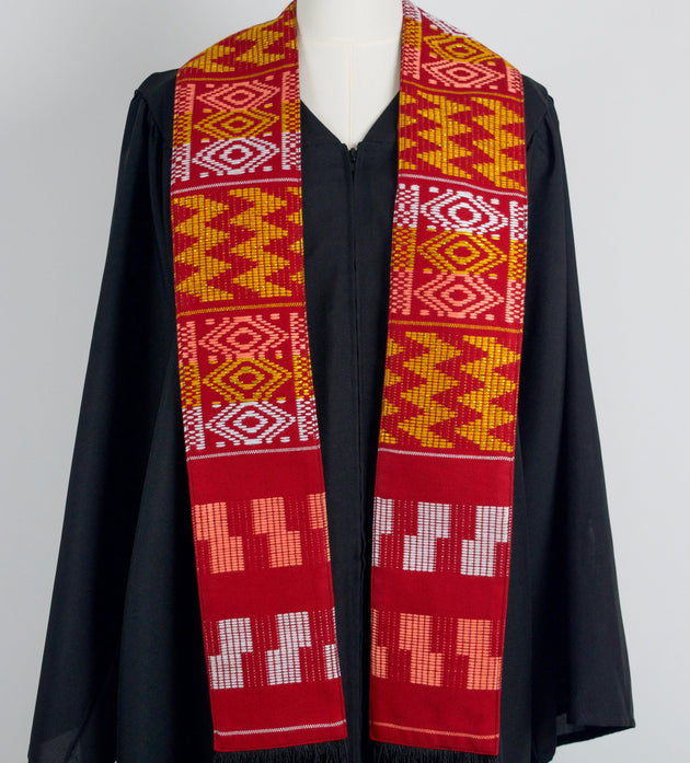 Royal Collection African Kente Graduation Sash - Red, Gold, and White Pattern