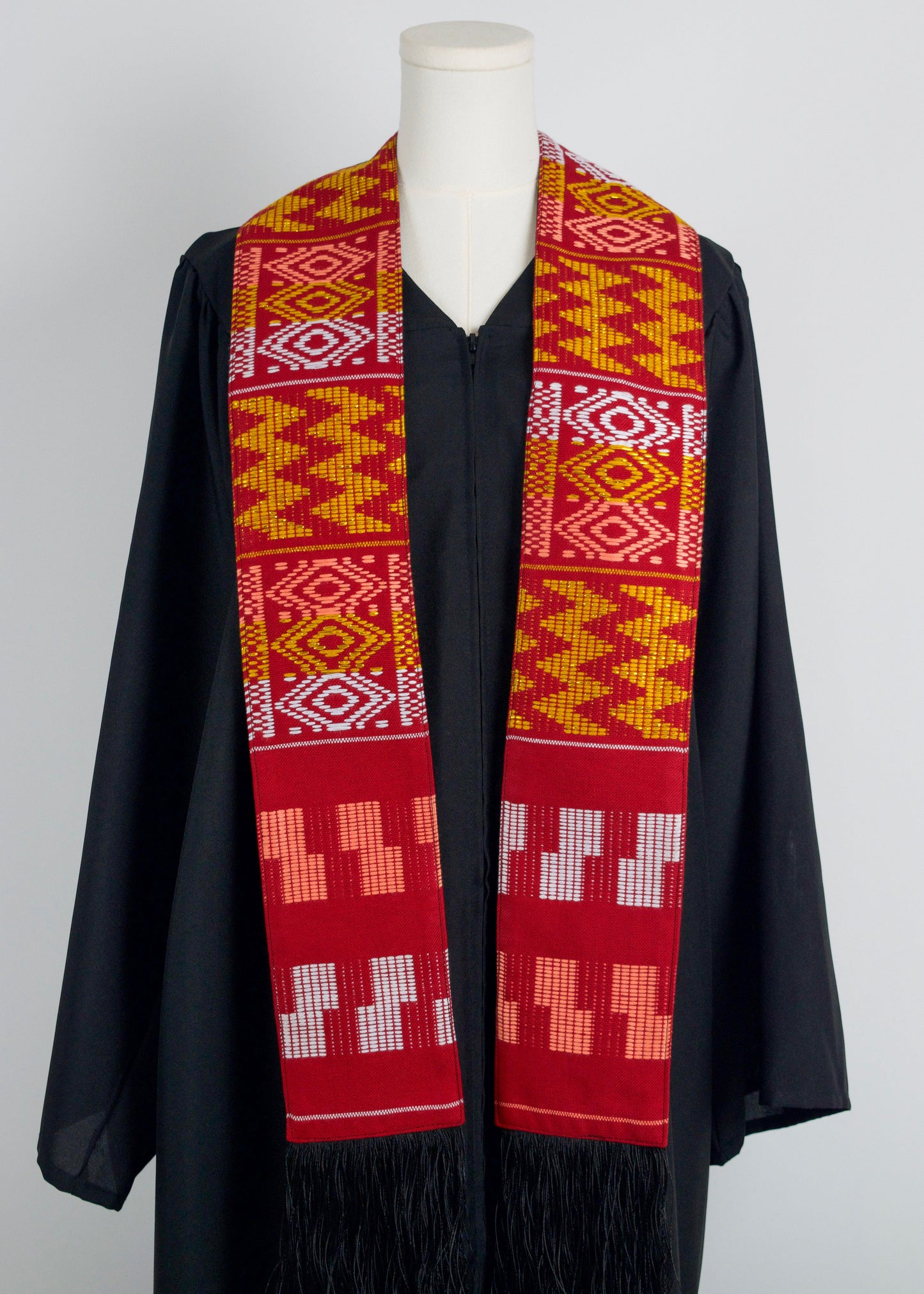 Royal Collection African Kente Graduation Sash - Red, Gold, and White Pattern