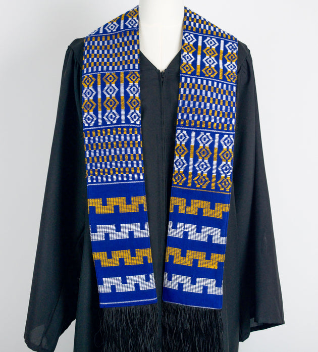 Royal Collection African Kente Graduation Sash - Blue, Gold, and White Pattern