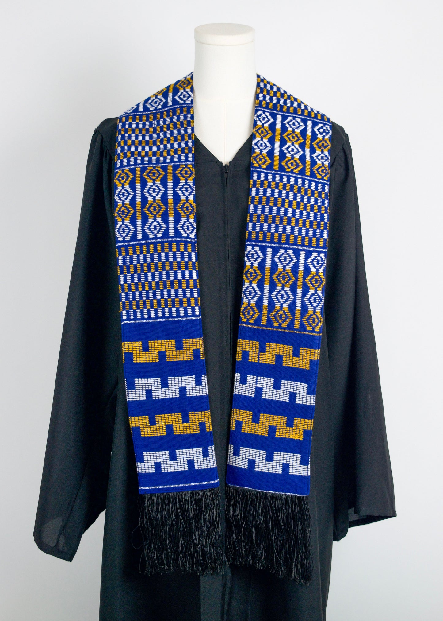 Royal Collection African Kente Graduation Sash - Blue, Gold, and White Pattern