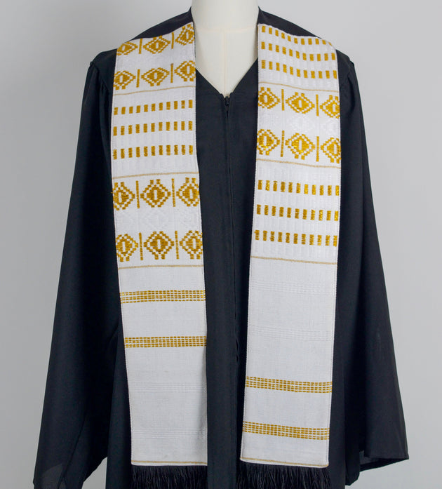 Royal Collection African Kente Graduation Sash - White and Gold Pattern