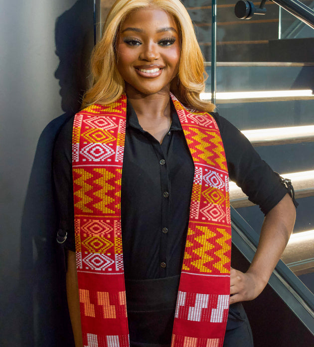 Royal Collection African Kente Graduation Sash - Red, Gold, and White Pattern