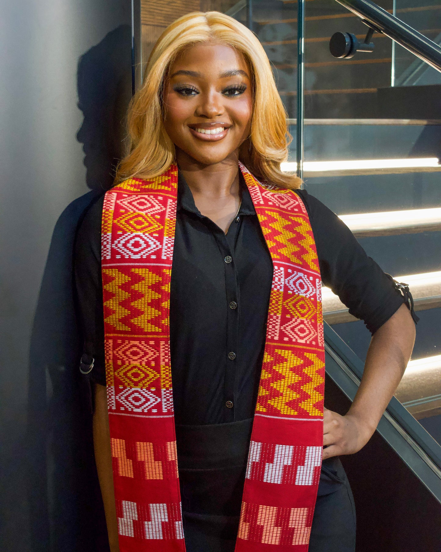 Royal Collection African Kente Graduation Sash - Red, Gold, and White Pattern
