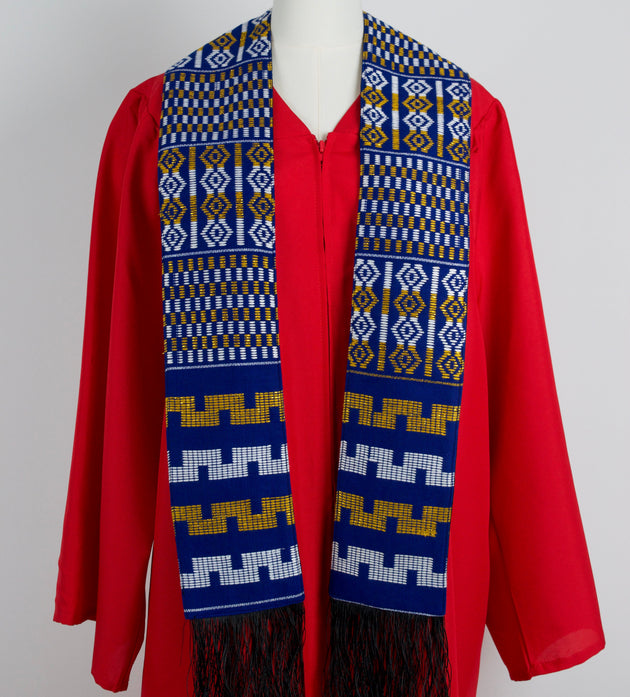 Royal Collection African Kente Graduation Sash - Blue, Gold, and White Pattern