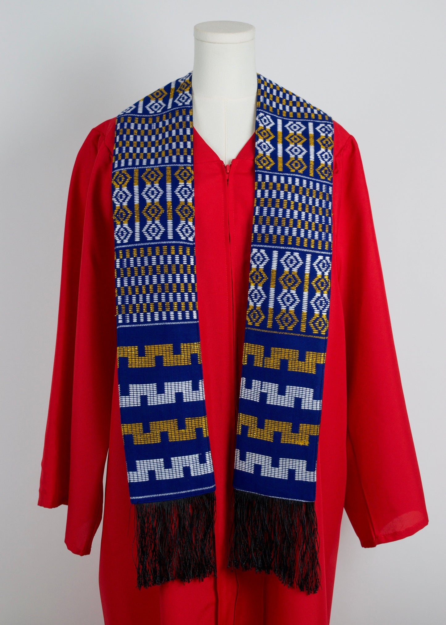 Royal Collection African Kente Graduation Sash - Blue, Gold, and White Pattern