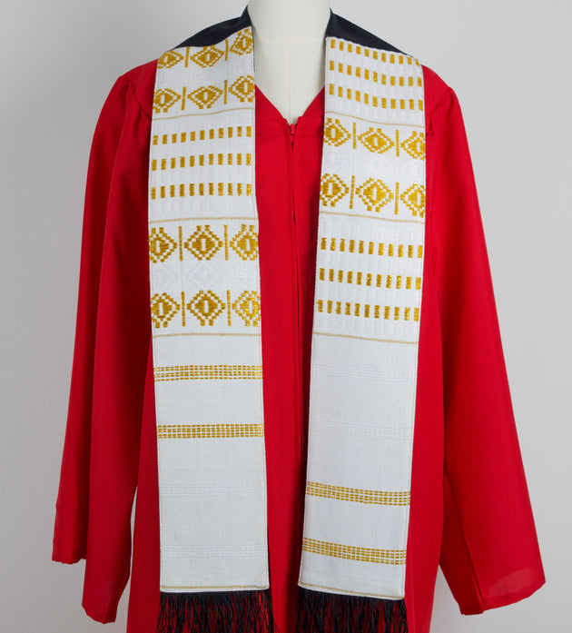 Royal Collection African Kente Graduation Sash - White and Gold Pattern