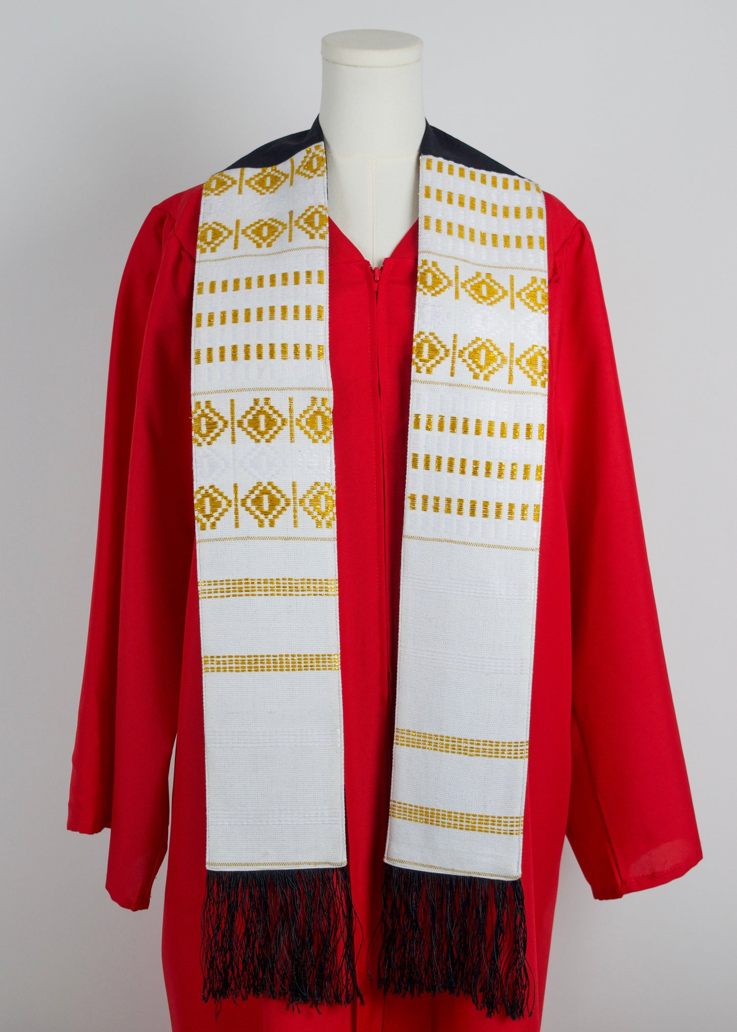 Royal Collection African Kente Graduation Sash - White and Gold Pattern
