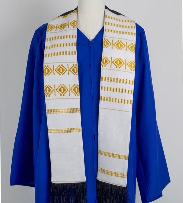 Royal Collection African Kente Graduation Sash - White and Gold Pattern