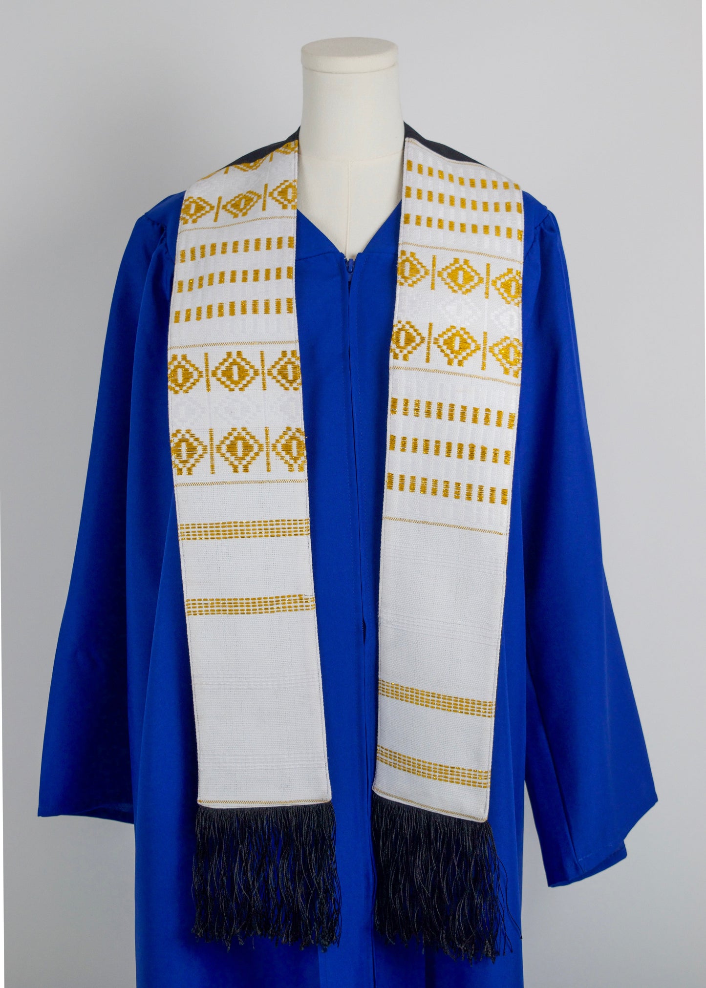 Royal Collection African Kente Graduation Sash - White and Gold Pattern