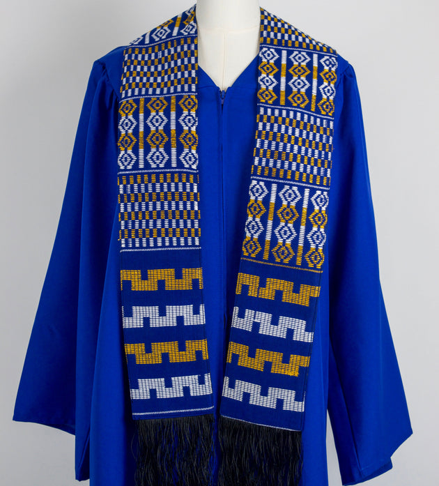 Royal Collection African Kente Graduation Sash - Blue, Gold, and White Pattern