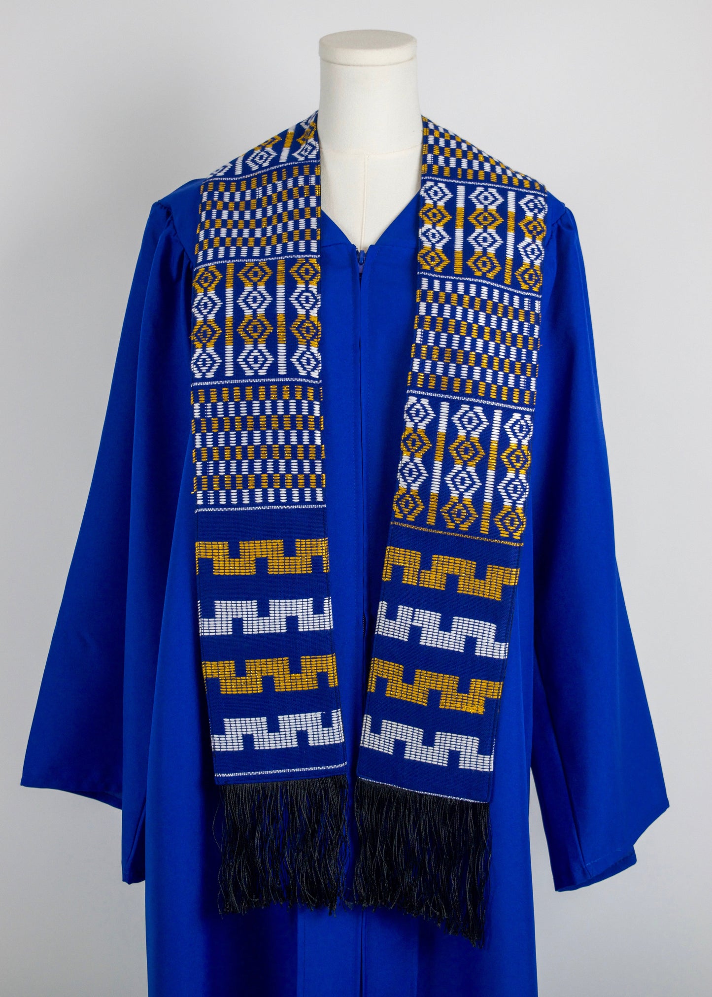 Royal Collection African Kente Graduation Sash - Blue, Gold, and White Pattern