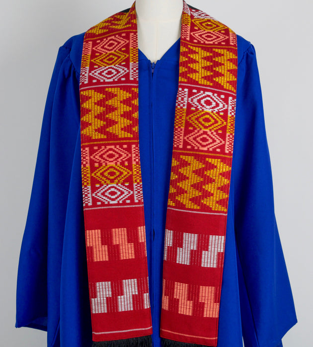 Royal Collection African Kente Graduation Sash - Red, Gold, and White Pattern