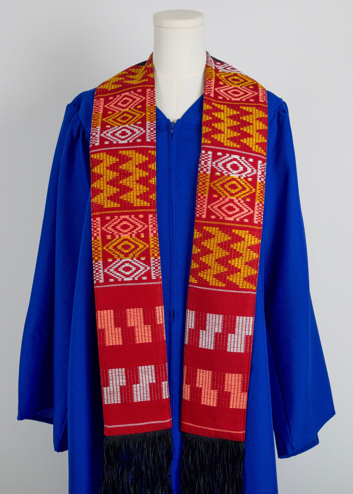 Royal Collection African Kente Graduation Sash - Red, Gold, and White Pattern