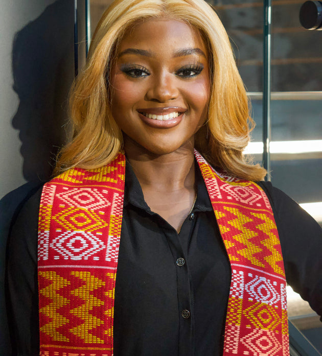 Royal Collection African Kente Graduation Sash - Red, Gold, and White Pattern
