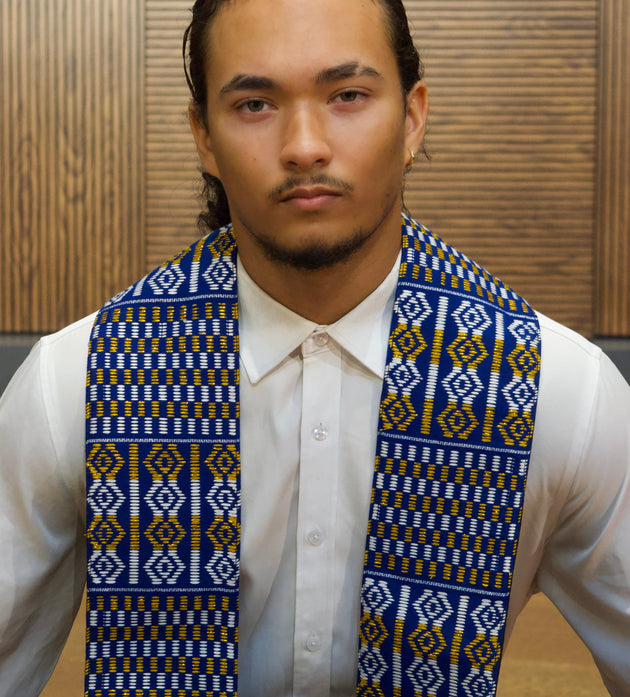 Royal Collection African Kente Graduation Sash - Blue, Gold, and White Pattern