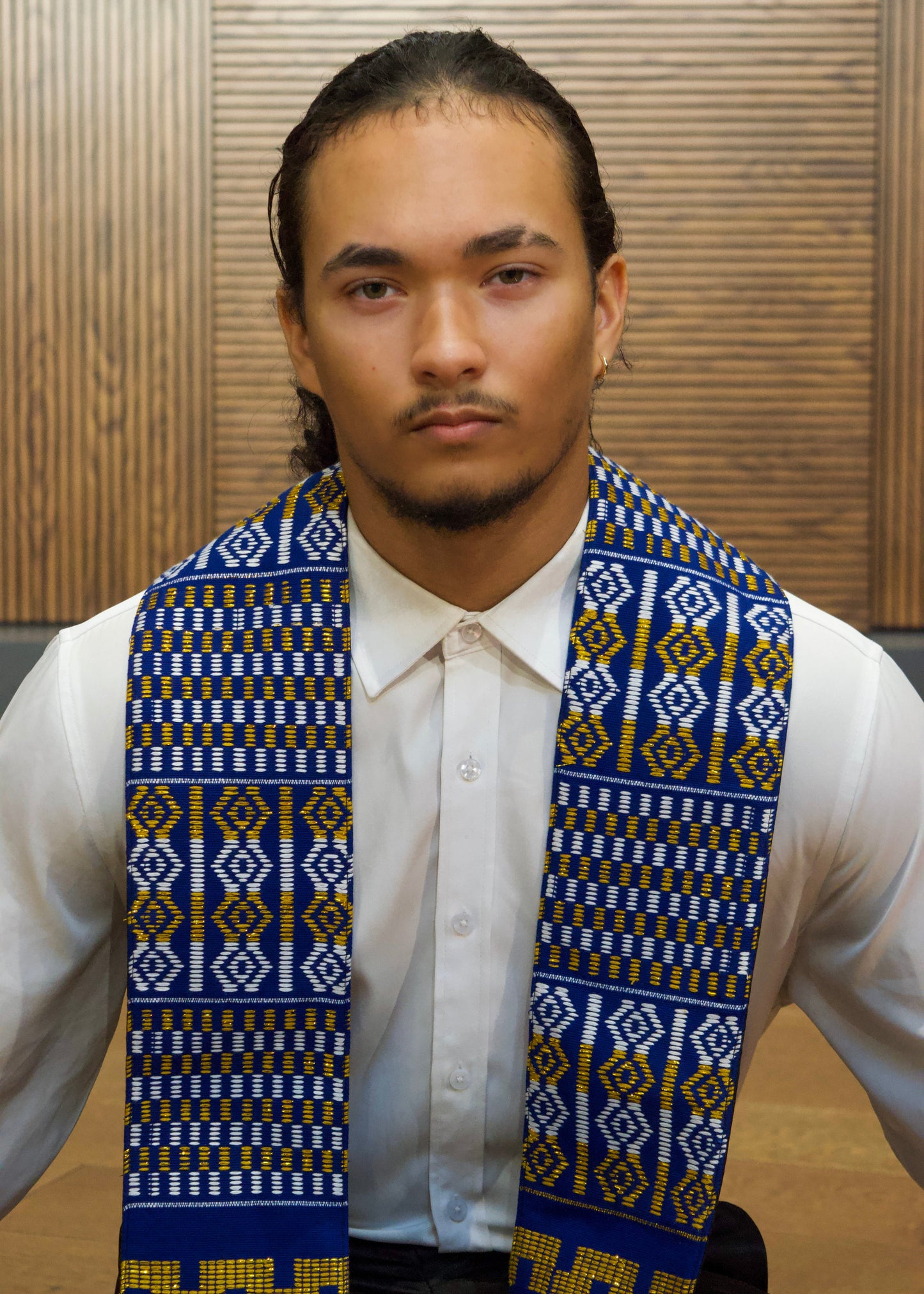 Royal Collection African Kente Graduation Sash - Blue, Gold, and White Pattern