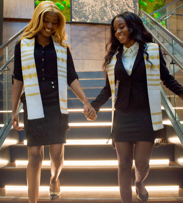 Royal Collection African Kente Graduation Sash - White and Gold Pattern