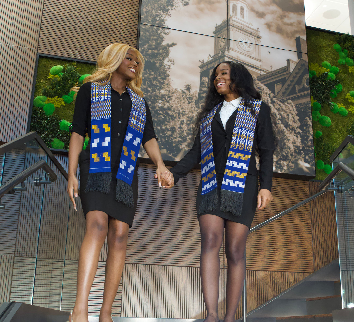 Royal Collection African Kente Graduation Sash - Blue, Gold, and White Pattern