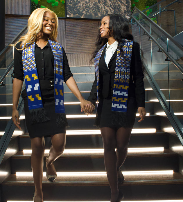 Royal Collection African Kente Graduation Sash - Blue, Gold, and White Pattern