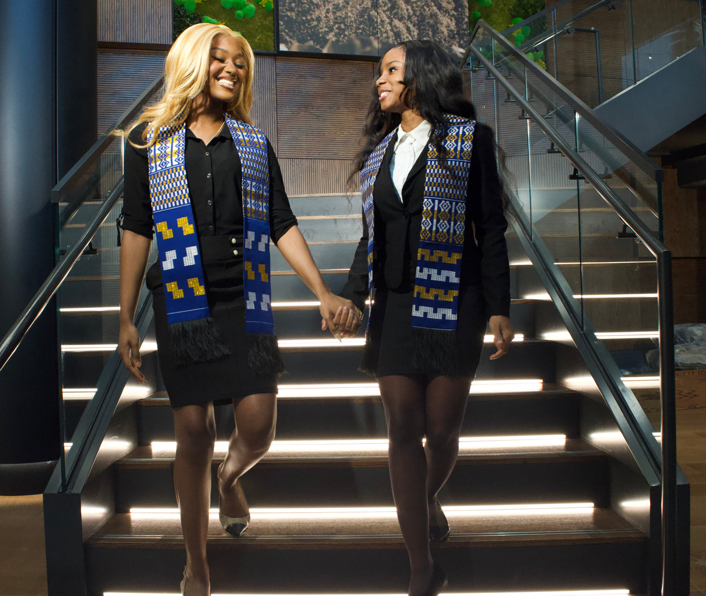 Royal Collection African Kente Graduation Sash - Blue, Gold, and White Pattern