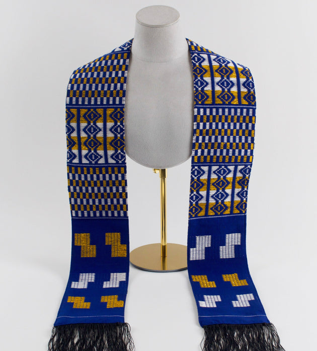 Royal Collection African Kente Graduation Sash - Blue, Gold, and White Pattern