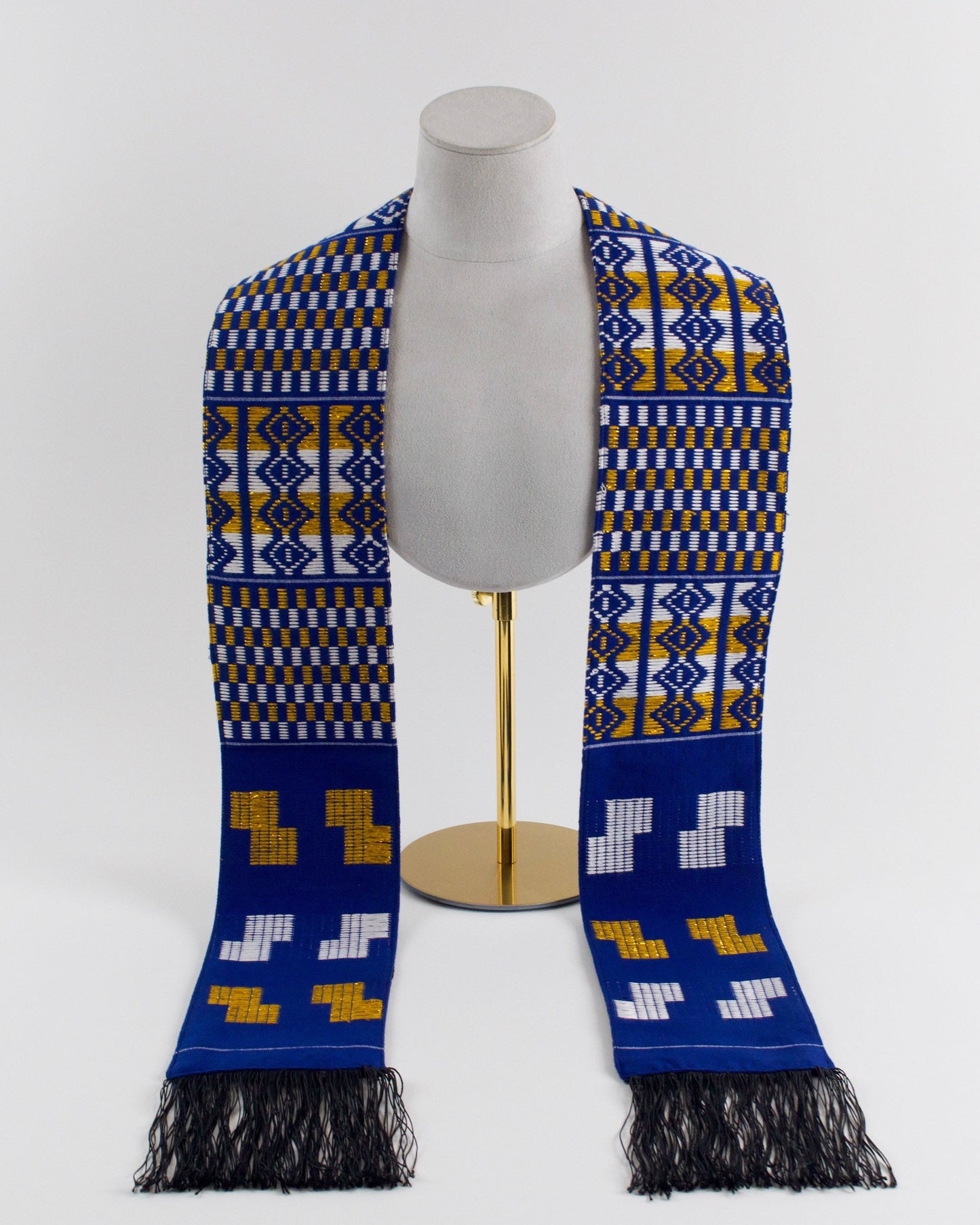 Royal Collection African Kente Graduation Sash - Blue, Gold, and White Pattern