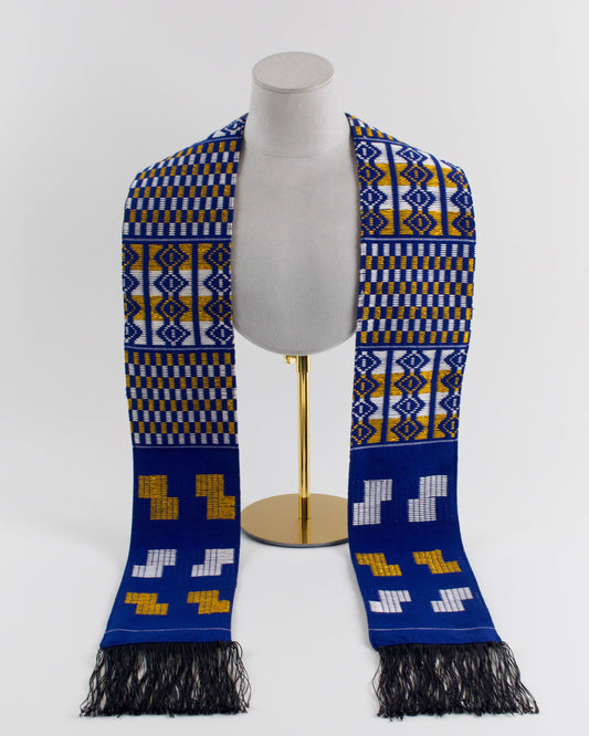 Royal Collection African Kente Graduation Sash - Blue, Gold, and White Pattern