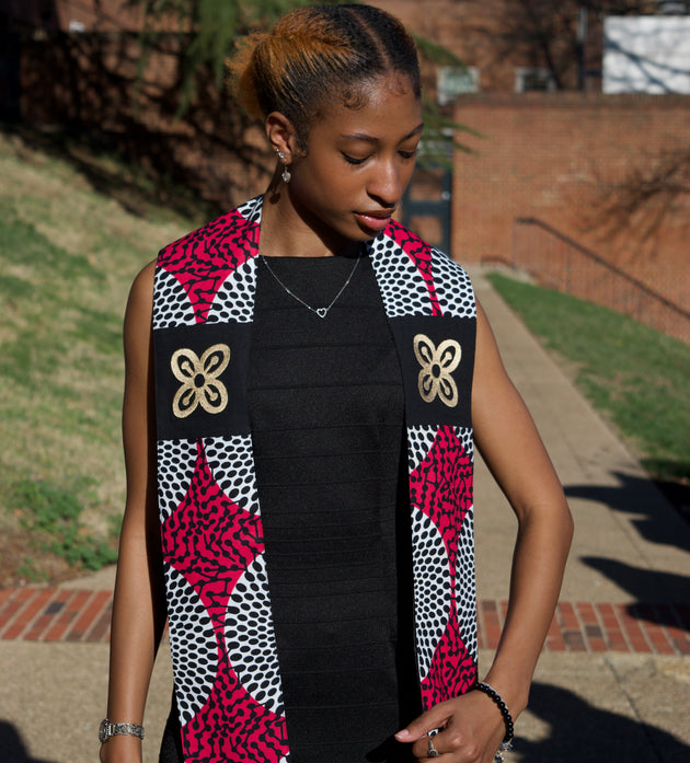 Honors Collection African Print Graduation Sash w/ Adinkra Embroidery - BESE SAKA (Affluence, Power, Abundance, Unity)
